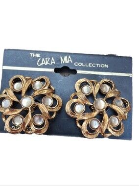 Vintage Cara Mia Gold Tone Faux Moonstone Swirl Clip On Earrings NOS NWT